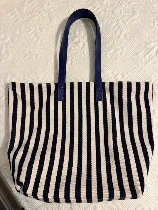 Barnes & Noble Striped Canvas Tote Bag - Navy & Cream Coastal Book Tote - Picture 1 of 8